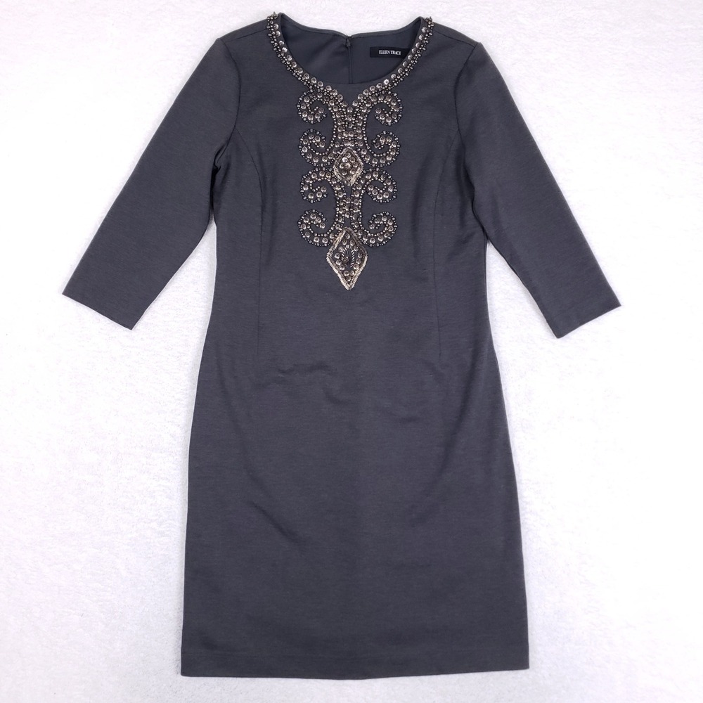 Ellen Tracy Dress Womens Embellished Sheath‎ Gunmetal Beaded Cocktail Gray